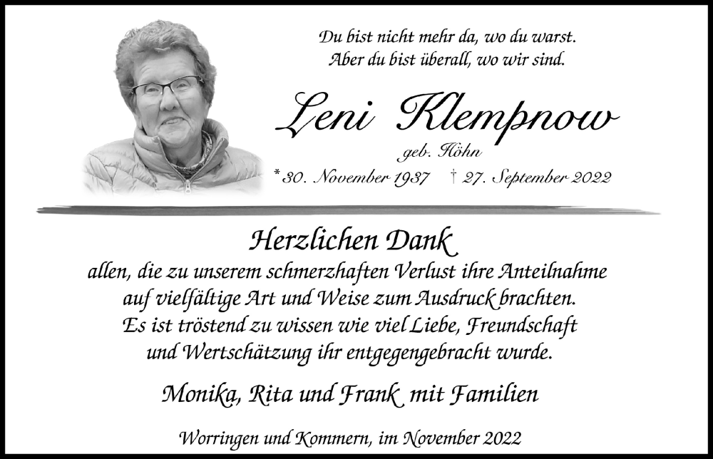  Traueranzeige für Leni Klempnow vom 12.11.2022 aus  Blickpunkt Euskirchen 