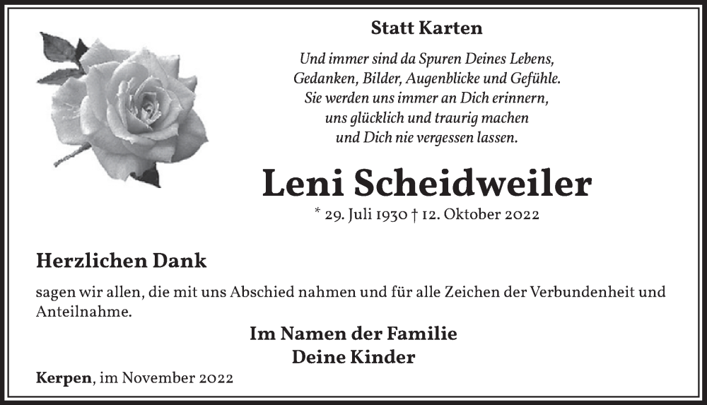  Traueranzeige für Leni Scheidweiler vom 11.11.2022 aus  Werbepost 