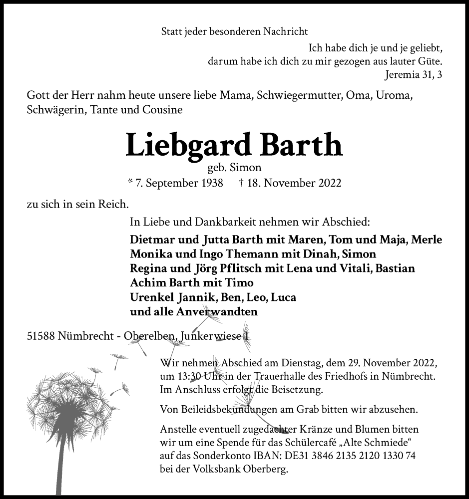  Traueranzeige für Liebgard Barth vom 23.11.2022 aus Kölner Stadt-Anzeiger / Kölnische Rundschau / Express