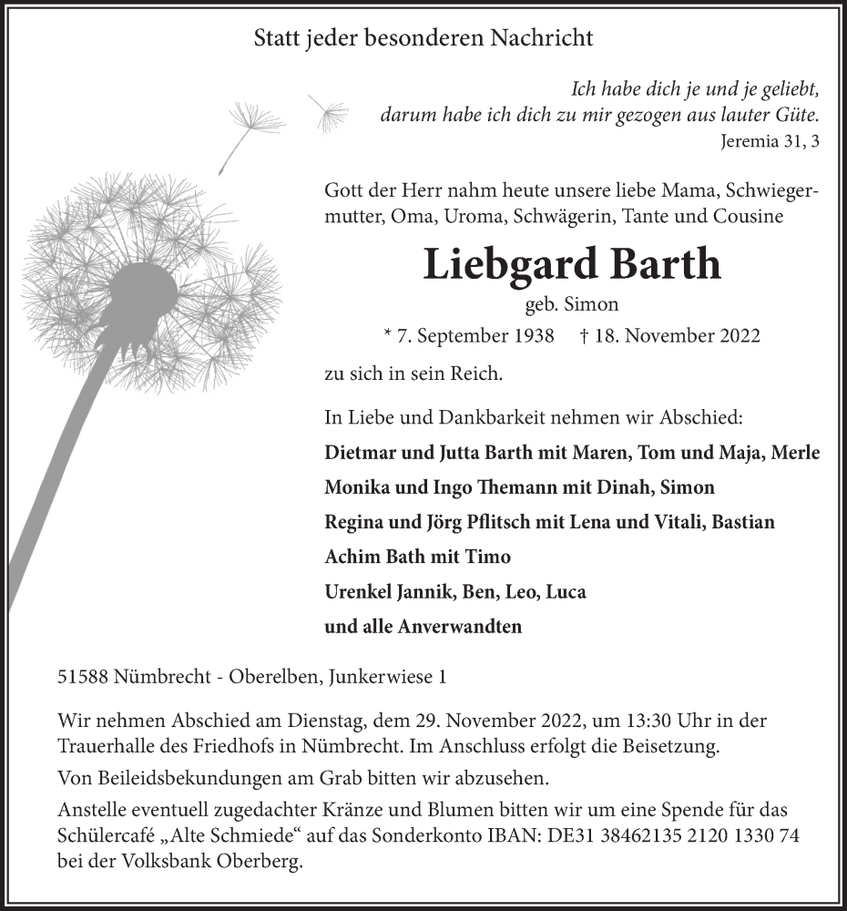  Traueranzeige für Liebgard Barth vom 25.11.2022 aus  Lokalanzeiger 