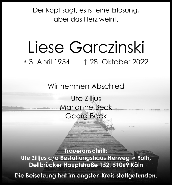 Anzeige von Liese Garczinski von Kölner Stadt-Anzeiger / Kölnische Rundschau / Express
