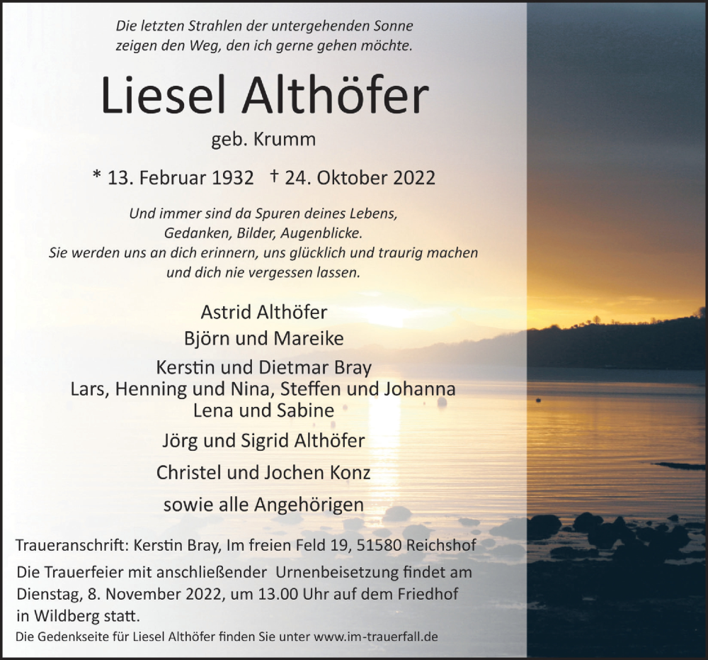  Traueranzeige für Liesel Althöfer vom 04.11.2022 aus  Anzeigen Echo  Lokalanzeiger 