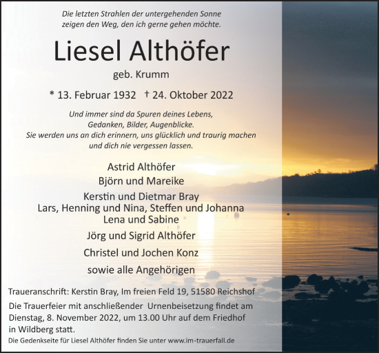 Anzeige von Liesel Althöfer von  Anzeigen Echo  Lokalanzeiger 