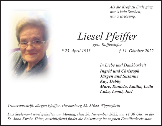 Anzeige von Liesel Pfeiffer von Kölner Stadt-Anzeiger / Kölnische Rundschau / Express