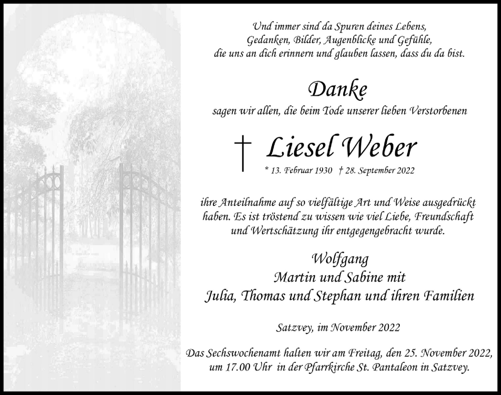  Traueranzeige für Liesel Weber vom 12.11.2022 aus  Blickpunkt Euskirchen 
