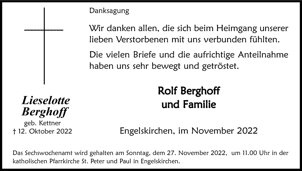  Traueranzeige für Lieselotte Berghoff vom 19.11.2022 aus Kölner Stadt-Anzeiger / Kölnische Rundschau / Express