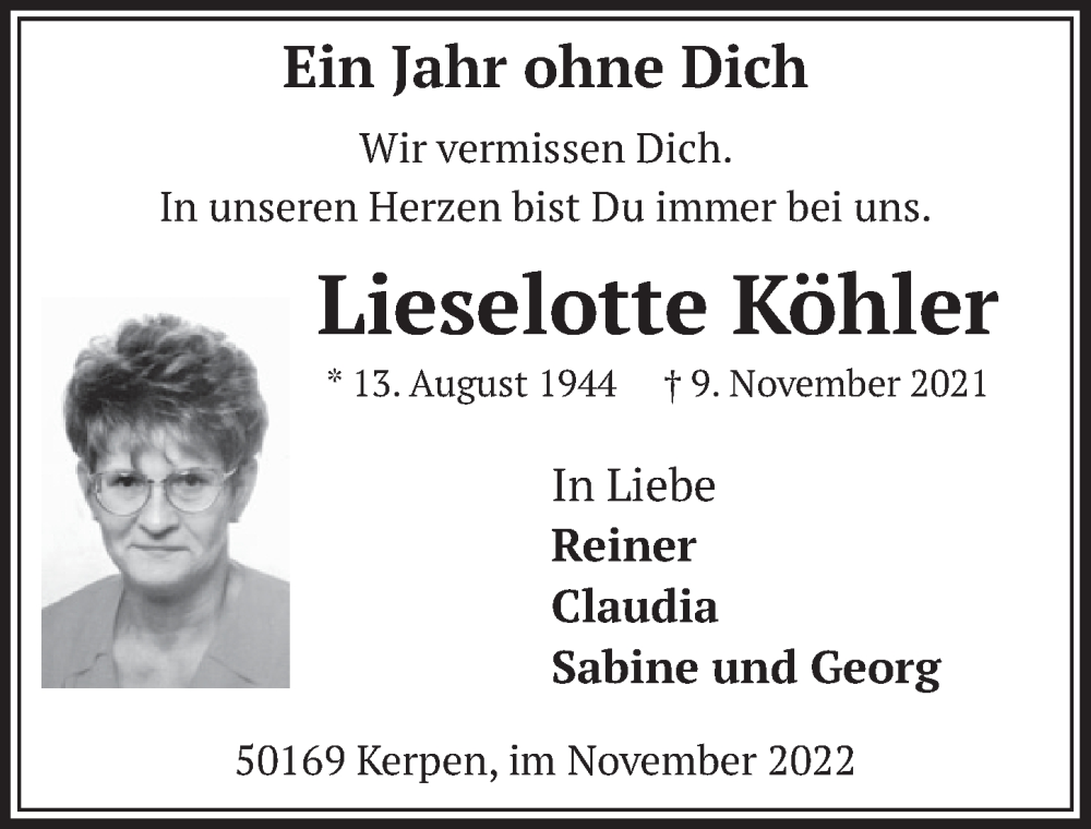  Traueranzeige für Lieselotte Köhler vom 04.11.2022 aus  Werbepost 