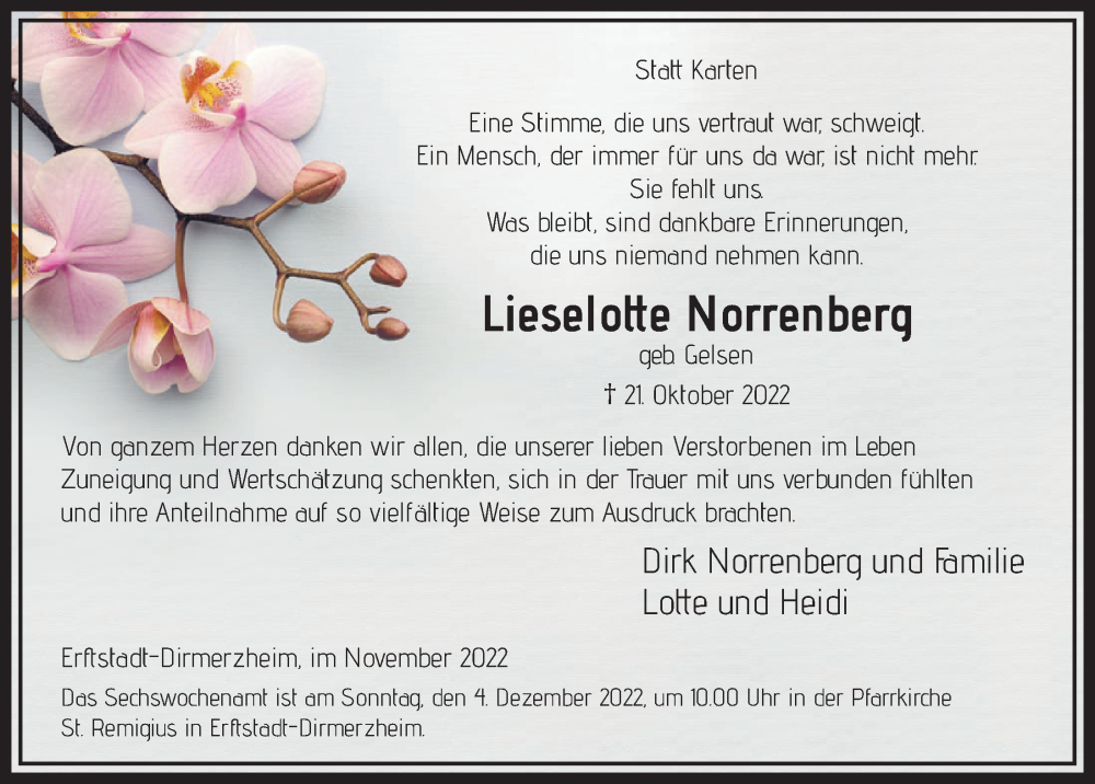  Traueranzeige für Lieselotte Norrenberg vom 25.11.2022 aus  Werbepost 
