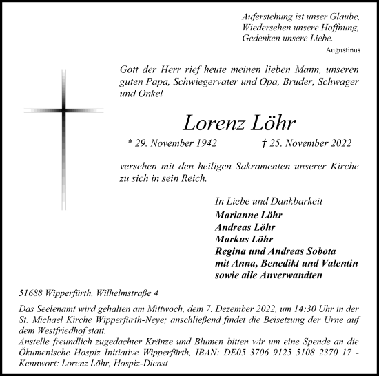 Anzeige von Lorenz Löhr von Kölner Stadt-Anzeiger / Kölnische Rundschau / Express