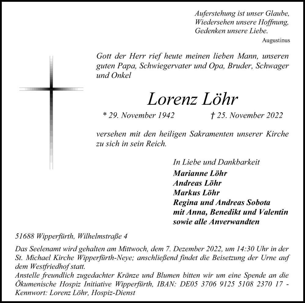  Traueranzeige für Lorenz Löhr vom 29.11.2022 aus Kölner Stadt-Anzeiger / Kölnische Rundschau / Express