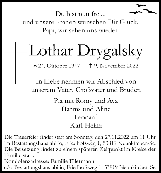 Anzeige von Lothar Drygalsky von Kölner Stadt-Anzeiger / Kölnische Rundschau / Express