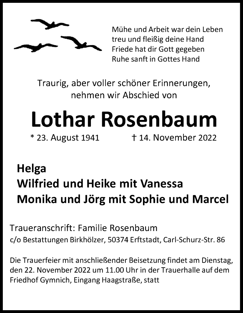  Traueranzeige für Lothar Rosenbaum vom 19.11.2022 aus Kölner Stadt-Anzeiger / Kölnische Rundschau / Express