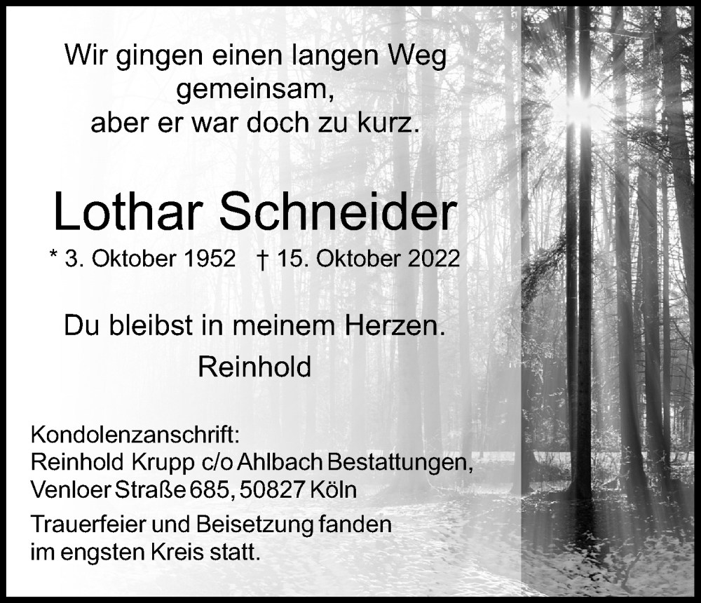  Traueranzeige für Lothar Schneider vom 05.11.2022 aus Kölner Stadt-Anzeiger / Kölnische Rundschau / Express