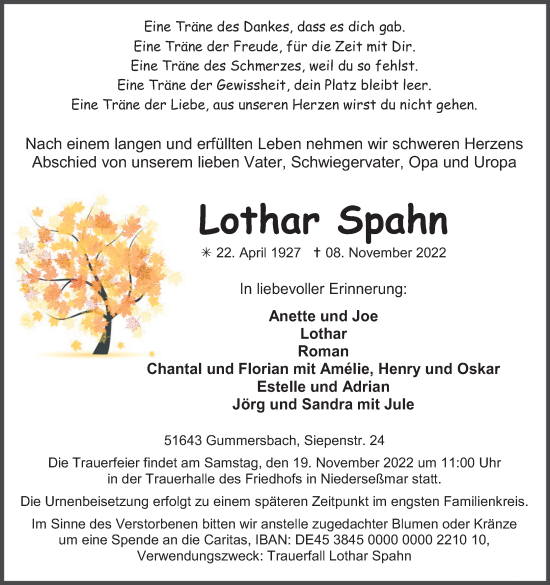 Anzeige von Lothar Spahn von Kölner Stadt-Anzeiger / Kölnische Rundschau / Express