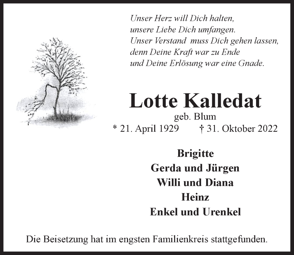 Traueranzeige für Lotte Kalledat vom 11.11.2022 aus  Lokale Informationen 