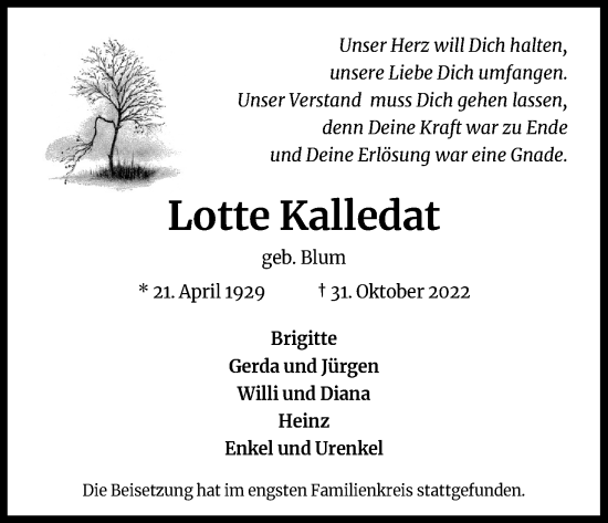 Anzeige von Lotte Kalledat von Kölner Stadt-Anzeiger / Kölnische Rundschau / Express