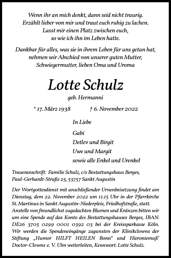  Traueranzeige für Lotte Schulz vom 12.11.2022 aus Kölner Stadt-Anzeiger / Kölnische Rundschau / Express