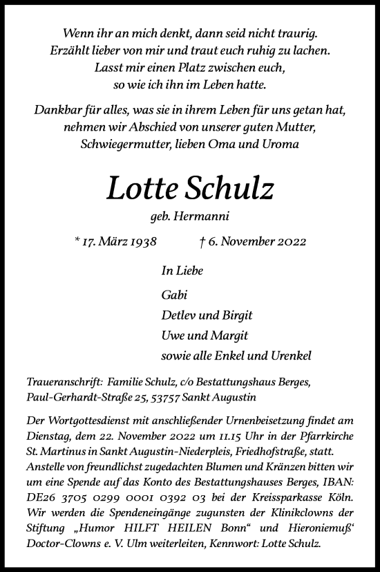 Anzeige von Lotte Schulz von Kölner Stadt-Anzeiger / Kölnische Rundschau / Express