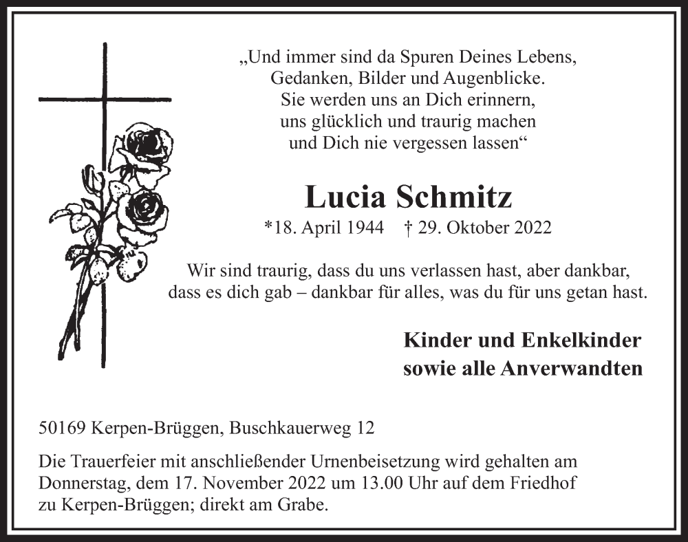  Traueranzeige für Lucia Schmitz vom 11.11.2022 aus  Werbepost 