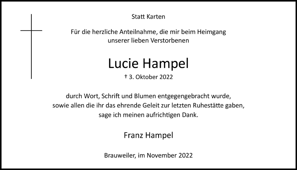  Traueranzeige für Lucie Hampel vom 11.11.2022 aus  Wochenende 