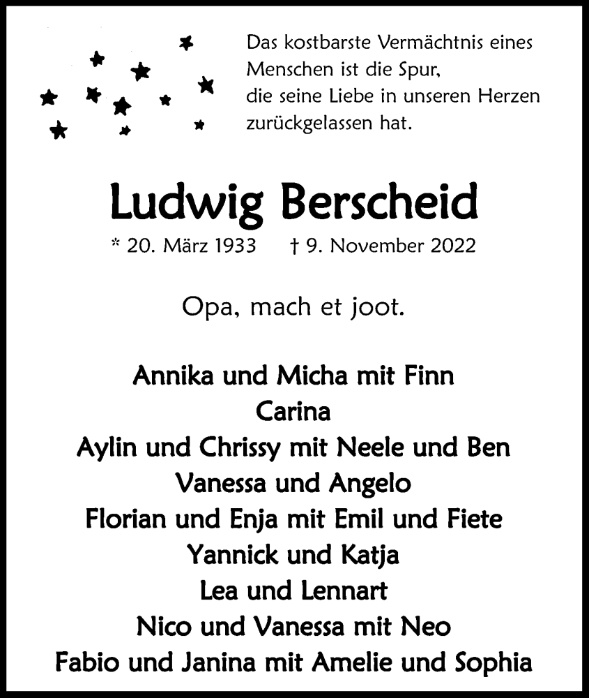  Traueranzeige für Ludwig Berscheid vom 12.11.2022 aus Kölner Stadt-Anzeiger / Kölnische Rundschau / Express