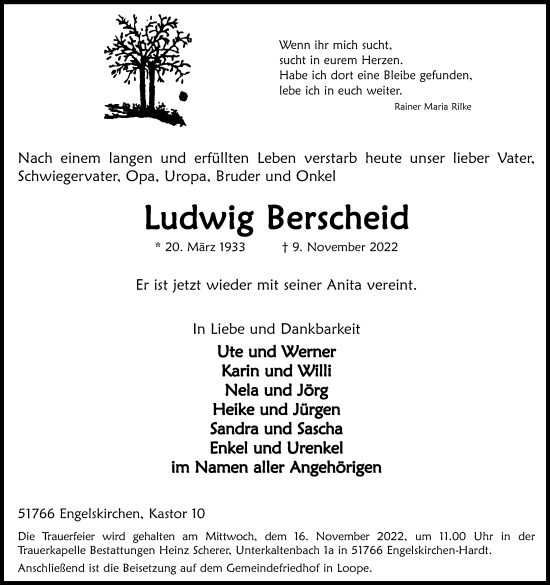 Anzeige von Ludwig Berscheid von Kölner Stadt-Anzeiger / Kölnische Rundschau / Express