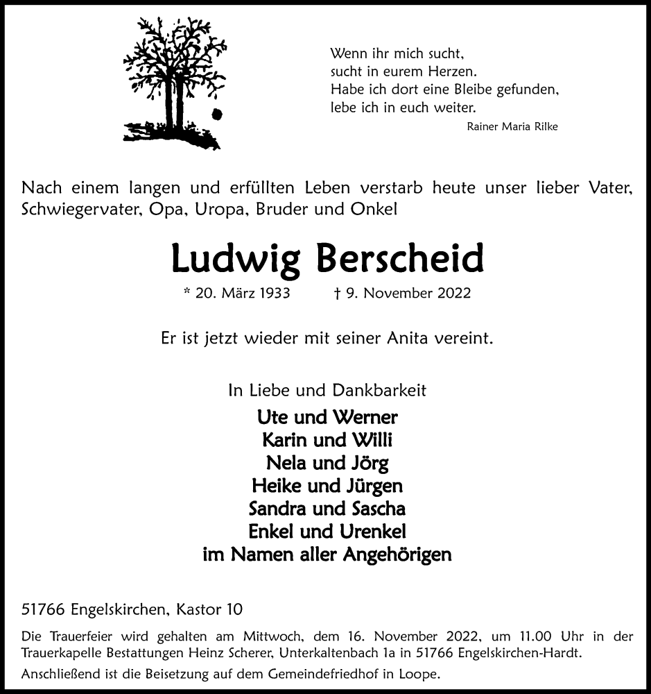  Traueranzeige für Ludwig Berscheid vom 12.11.2022 aus Kölner Stadt-Anzeiger / Kölnische Rundschau / Express