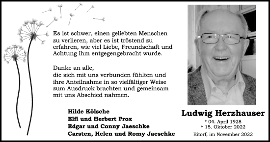 Anzeige von Ludwig Herzhauser von Kölner Stadt-Anzeiger / Kölnische Rundschau / Express