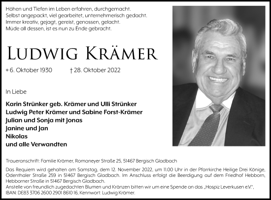 Anzeige von Ludwig Krämer von Kölner Stadt-Anzeiger / Kölnische Rundschau / Express