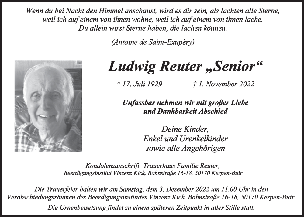  Traueranzeige für Ludwig Reuter vom 25.11.2022 aus  Werbepost 