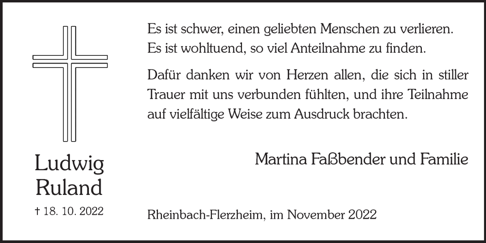  Traueranzeige für Ludwig Ruland vom 18.11.2022 aus  Schaufenster/Blickpunkt 