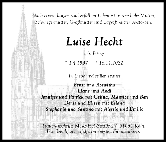 Anzeige von Luise Hecht von Kölner Stadt-Anzeiger / Kölnische Rundschau / Express