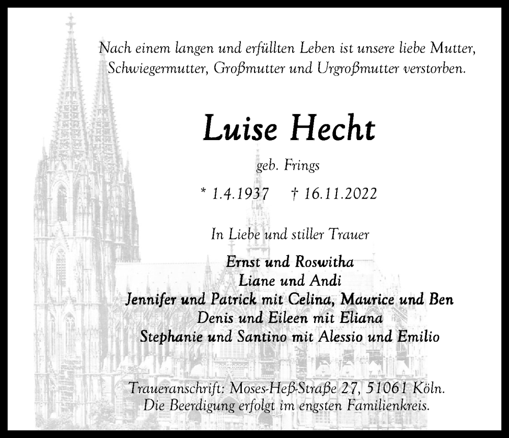  Traueranzeige für Luise Hecht vom 19.11.2022 aus Kölner Stadt-Anzeiger / Kölnische Rundschau / Express