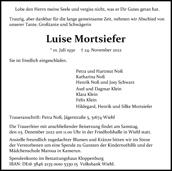 Anzeige von Luise Mortsiefer von Kölner Stadt-Anzeiger / Kölnische Rundschau / Express