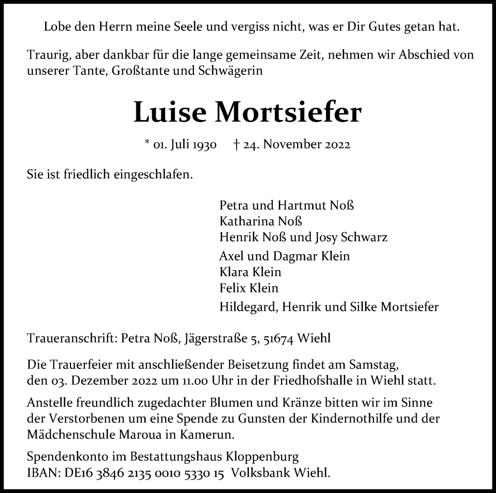  Traueranzeige für Luise Mortsiefer vom 30.11.2022 aus Kölner Stadt-Anzeiger / Kölnische Rundschau / Express