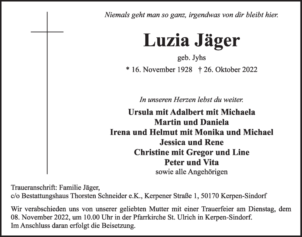  Traueranzeige für Luzia Jäger vom 04.11.2022 aus  Werbepost 