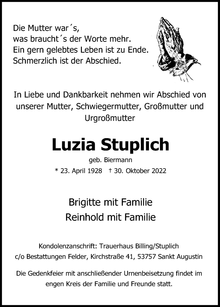  Traueranzeige für Luzia Stuplich vom 05.11.2022 aus Kölner Stadt-Anzeiger / Kölnische Rundschau / Express