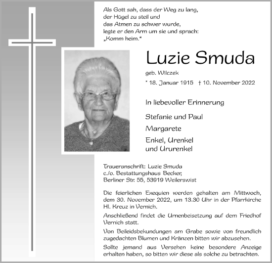 Anzeige von Luzie Smuda von  Blickpunkt Euskirchen 