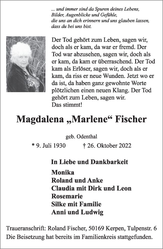  Traueranzeige für Magdalena Fischer vom 04.11.2022 aus  Werbepost 