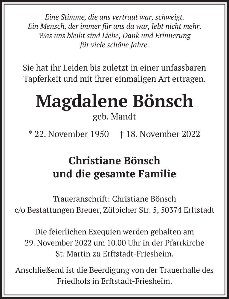  Traueranzeige für Magdalene Bönsch vom 26.11.2022 aus  Werbepost 