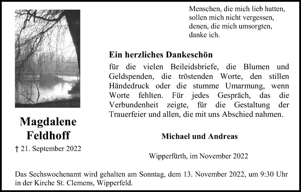 Traueranzeige für Magdalene Feldhoff vom 12.11.2022 aus Kölner Stadt-Anzeiger / Kölnische Rundschau / Express