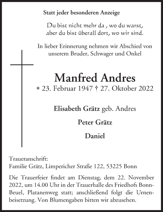 Anzeige von Manfred Andres von  Schaufenster/Blickpunkt 