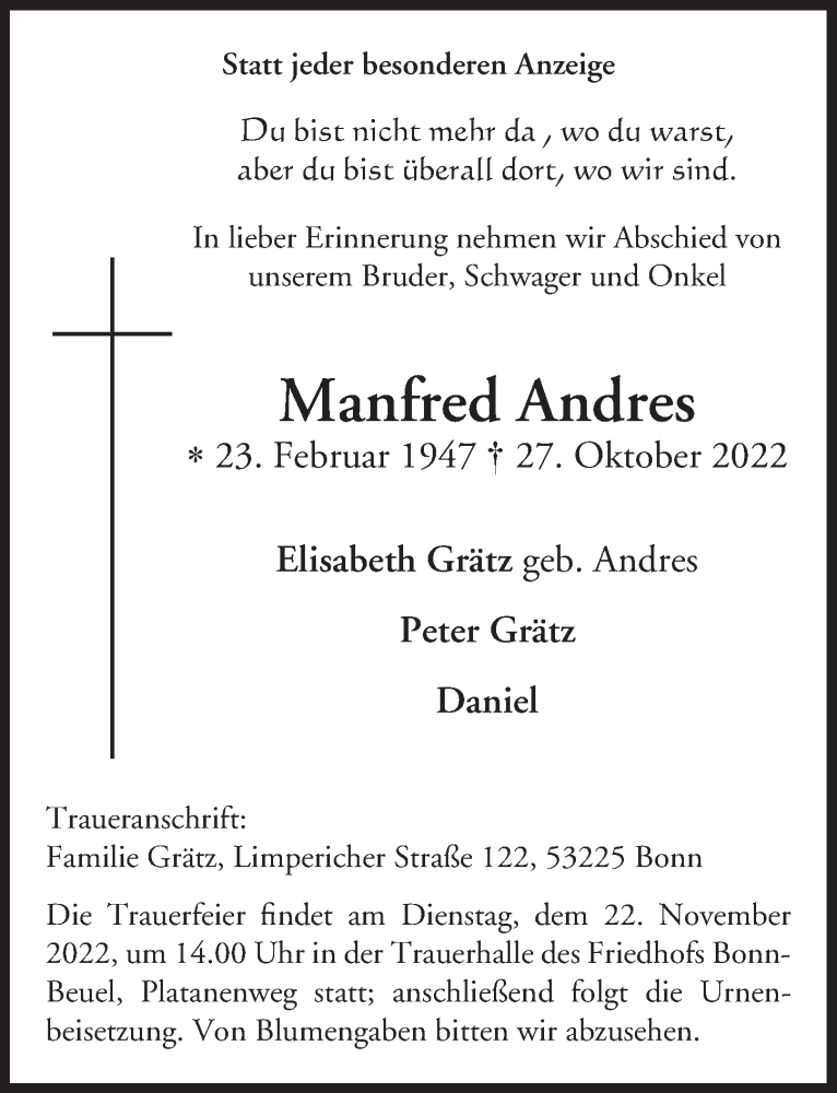  Traueranzeige für Manfred Andres vom 11.11.2022 aus  Schaufenster/Blickpunkt 
