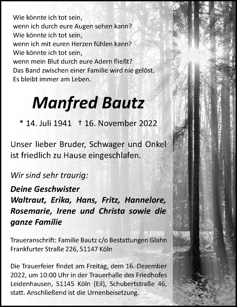  Traueranzeige für Manfred Bautz vom 26.11.2022 aus Kölner Stadt-Anzeiger / Kölnische Rundschau / Express