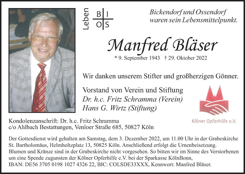  Traueranzeige für Manfred Bläser vom 26.11.2022 aus Kölner Stadt-Anzeiger / Kölnische Rundschau / Express