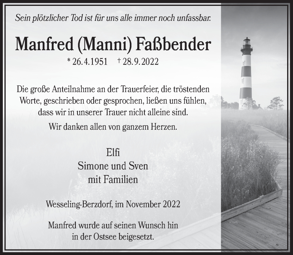  Traueranzeige für Manfred Faßbender vom 04.11.2022 aus  Schlossbote/Werbekurier 