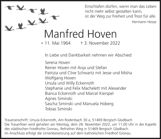 Anzeige von Manfred Hoven von  Bergisches Handelsblatt 