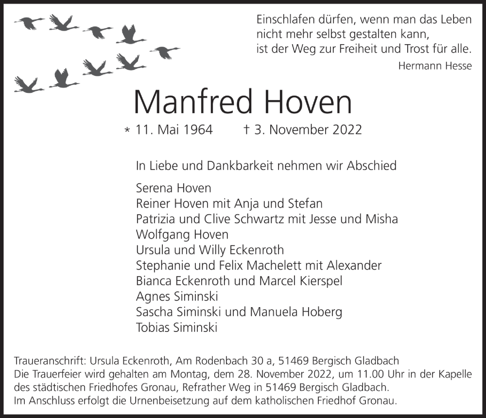  Traueranzeige für Manfred Hoven vom 18.11.2022 aus  Bergisches Handelsblatt 