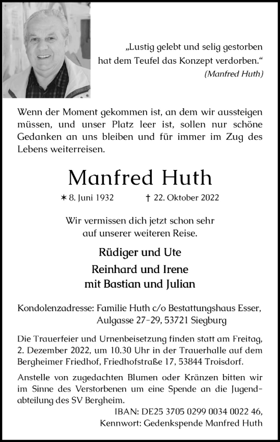 Anzeige von Manfred Huth von  Extra Blatt 