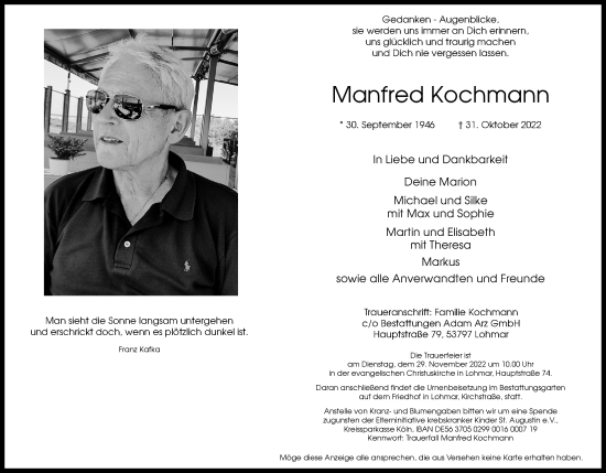 Anzeige von Manfred Kochmann von Kölner Stadt-Anzeiger / Kölnische Rundschau / Express